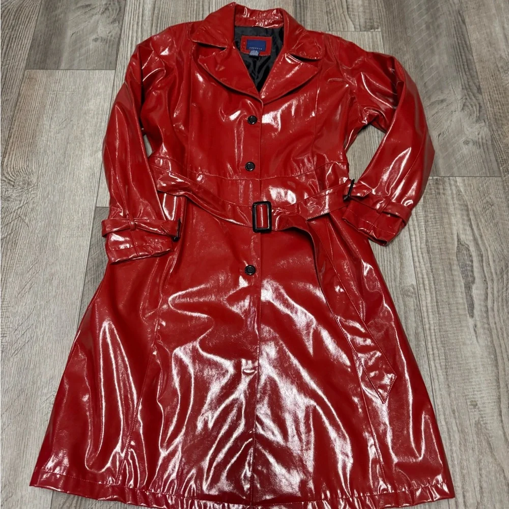 Vintage Venezia 90s red vinyl trench coat sexy jacket belted slit back 14/16 - Picture 5 of 9